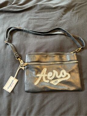 Aeropostale Black Faux-Leather Zip Pouch with White Embroidered Logo